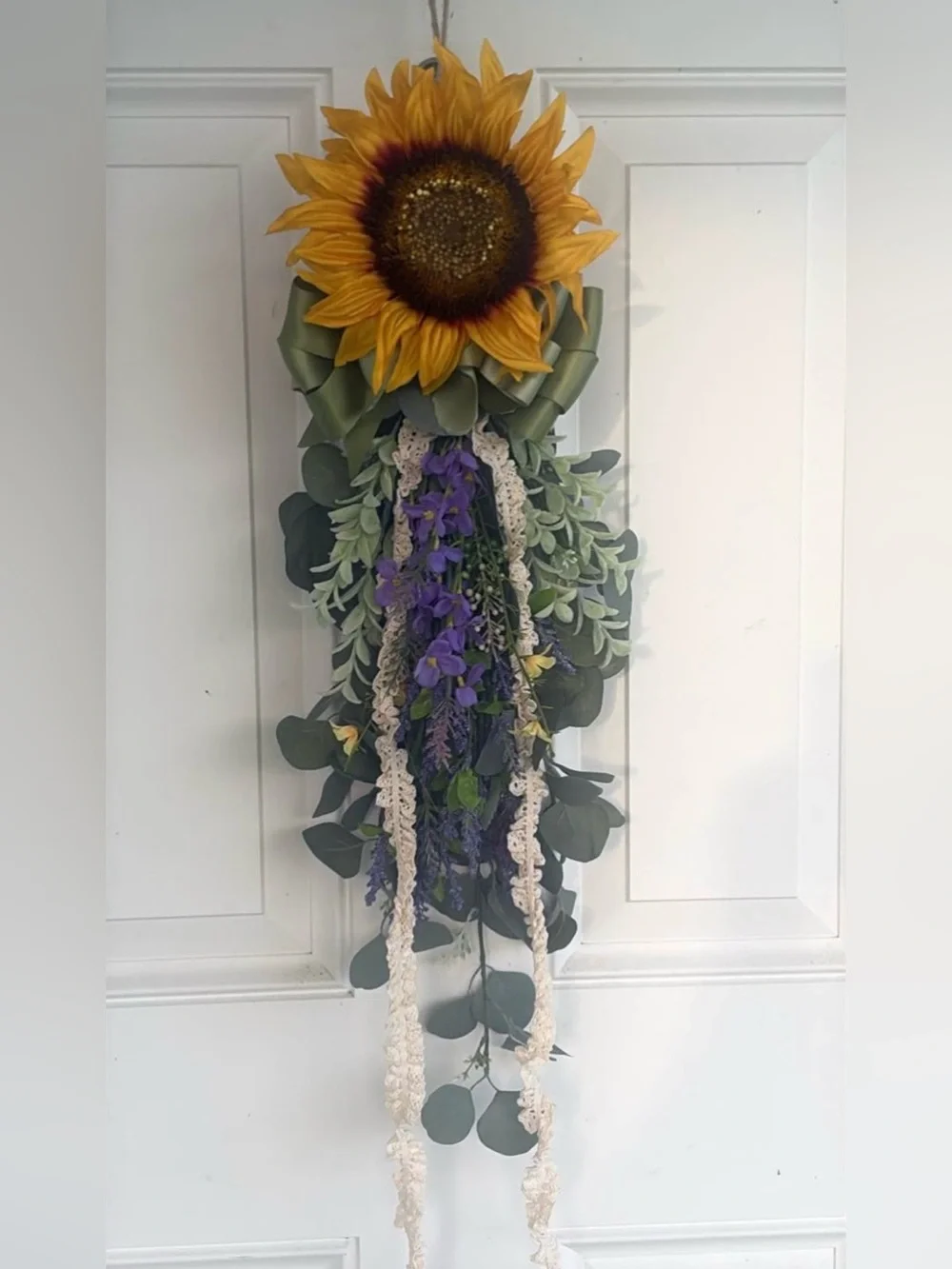 Sunflower Hanging Swag with Greenery and Purple Accents - Rustic Home Accent